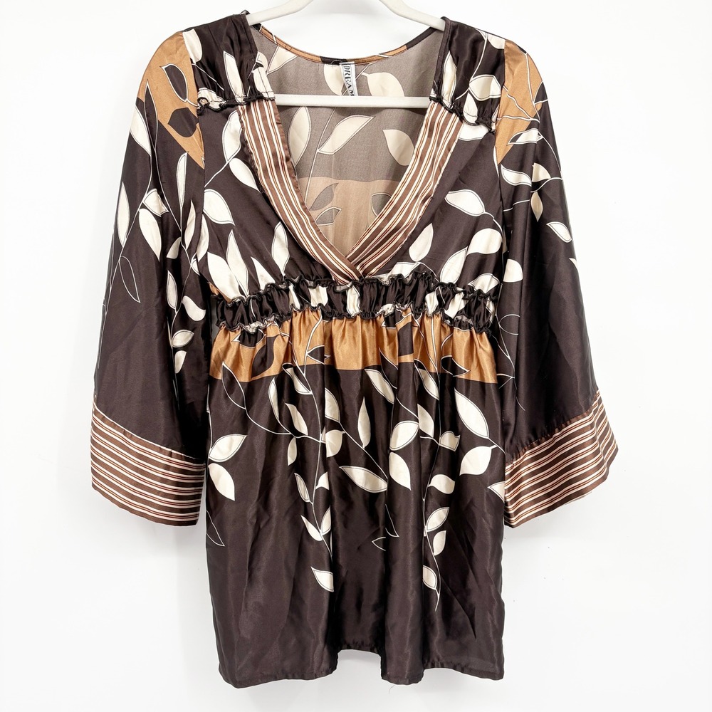Dream Womens Y2K Brown Leaf Print Satin Empire Waist Bell Sleeve Babydoll Top M